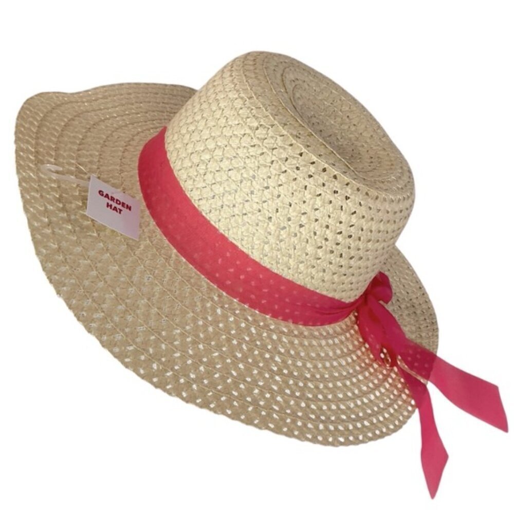Straw Sun Beach Hat with Wide Brim Boho Chic Pink Coral Ribbon Bow Women OS - Picture 10 of 16